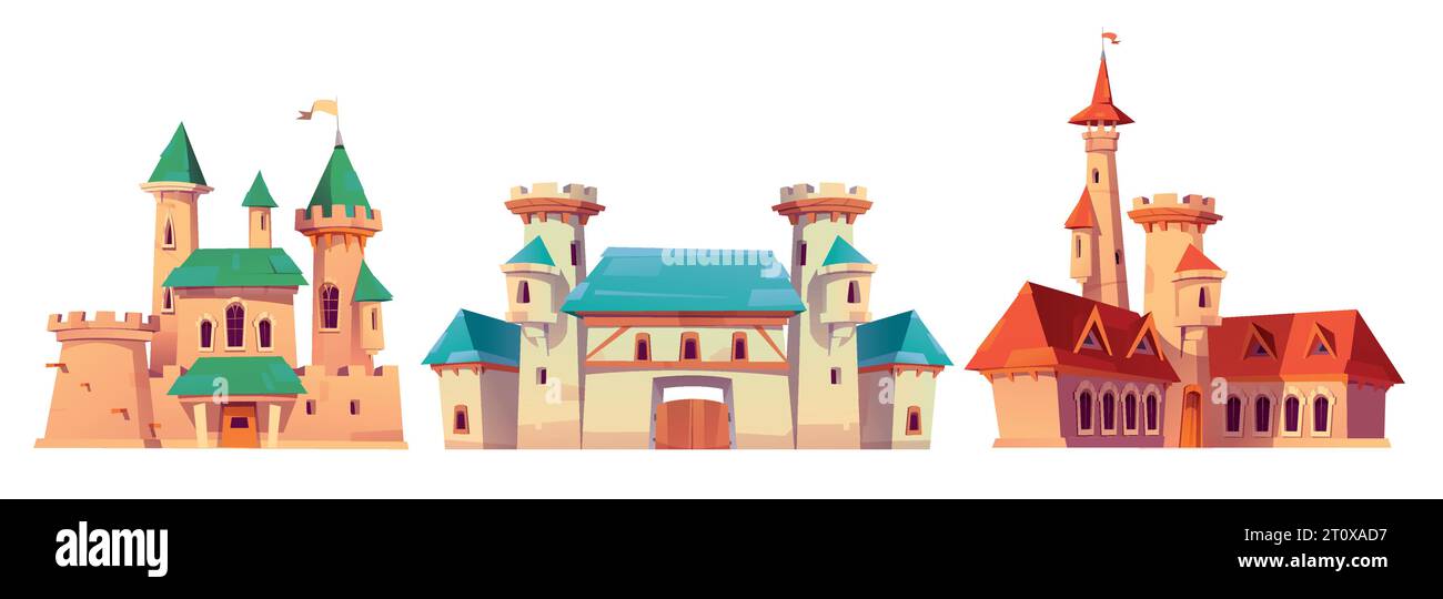 Châteaux médiévaux de conte de fées avec portes et tours. Ensemble d'illustration vectorielle de dessin animé de bâtiments royaux de fantaisie et de palais. histoire de fable architecture ancienne avec murs en pierre et tourelles avec drapeaux royaux. Illustration de Vecteur