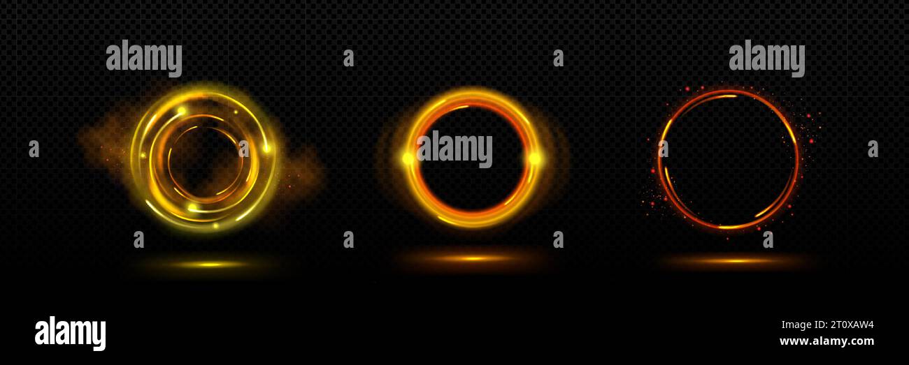 Portail de cercle d'or avec lumière magique et éclat d'étincelle. Tourbillon vectoriel isolé à cadre rond d'évasement de néon. Motif jaune orné de lignes scintillantes abstraites. Illustration graphique de luxe orbe lumineux doré Illustration de Vecteur
