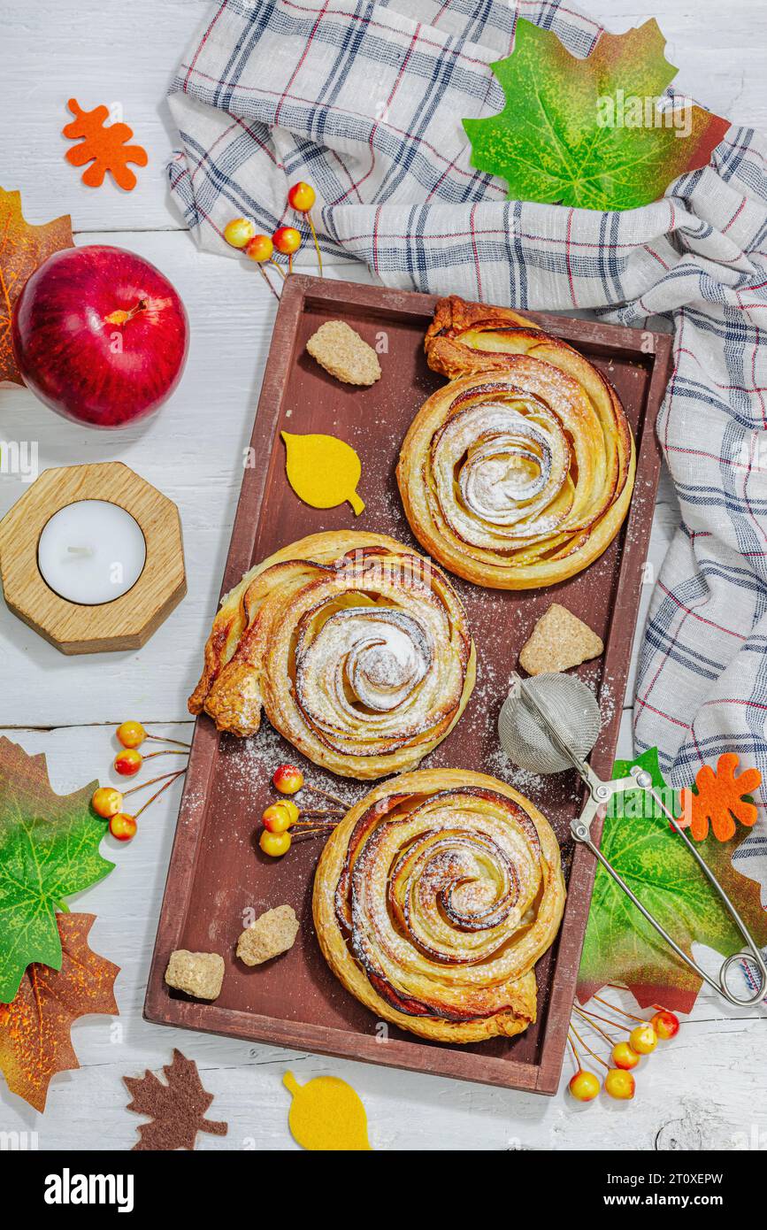 Tarte aux roses aux pommes avec sucre en poudre. Cuisson traditionnelle d'automne, décor d'automne, plat. Lumière dure, ombre sombre, fond en bois, vue de dessus Banque D'Images