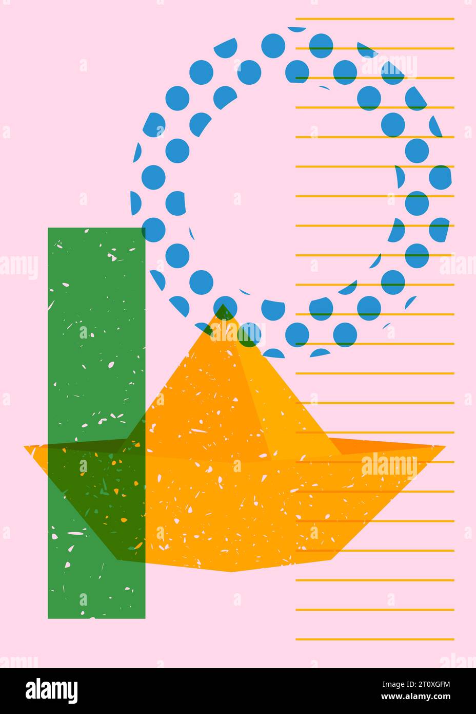 Navire en papier risographique avec des formes géométriques. Bateau origami avec des éléments géométriques dans la conception graphique riso tendance. Illustration de Vecteur