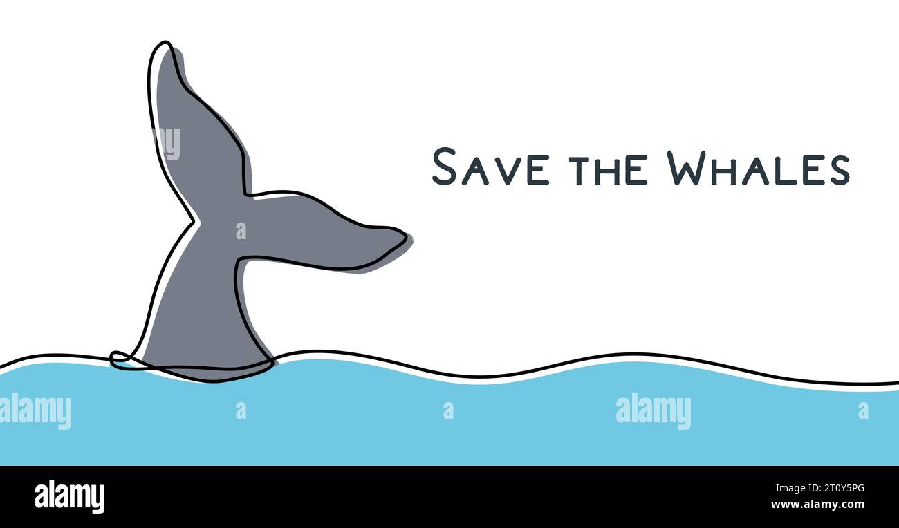 Dessin de ligne coloré de queue de baleine, journée mondiale de la baleine, concept d'écologie arrêter la pollution de l'océan et dire non au plastique, illustration vectorielle Illustration de Vecteur