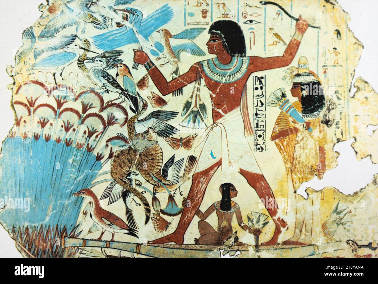 Peinture murale de Nebamun chassant de la tombe de Nebamun, Égypte ; image de carte postale en demi-ton. Banque D'Images