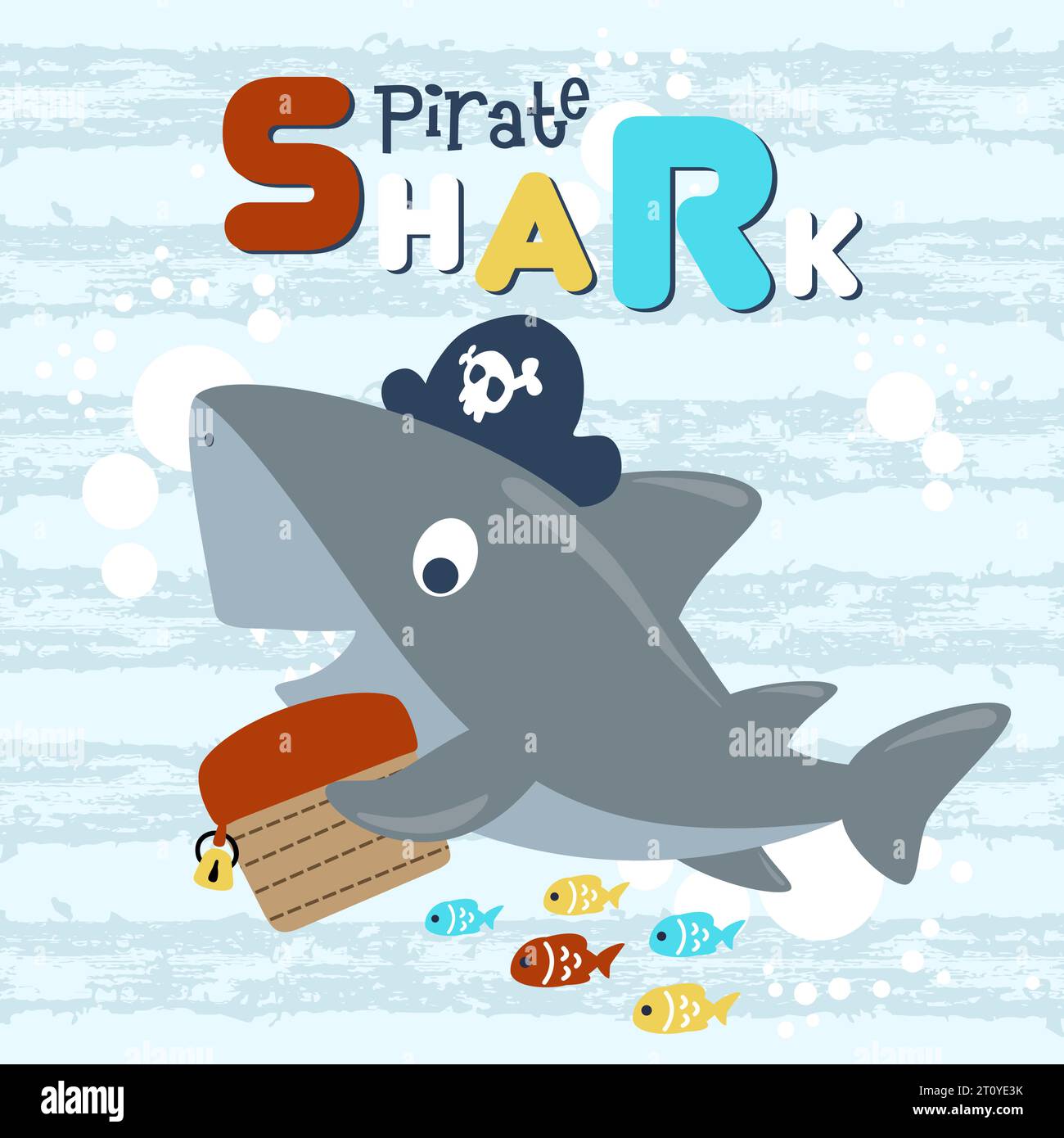 dessin animé vectoriel de requin pirate avec coffre au trésor, poissons colorés sur fond rayé craqué Illustration de Vecteur