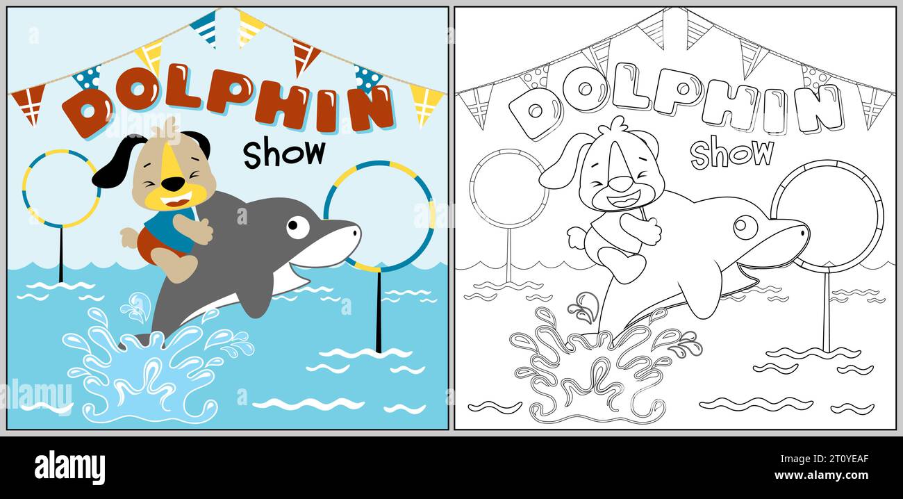 Dauphin mignon avec chiot dans le spectacle de cirque, dessin animé vectoriel, coloriage ou livre Illustration de Vecteur