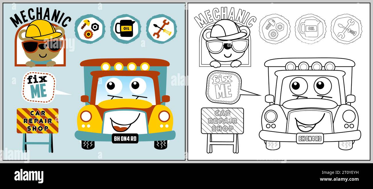 voiture drôle avec dessin animé d'ours mignon, élément d'atelier de réparation automobile, livre de coloriage ou page Illustration de Vecteur