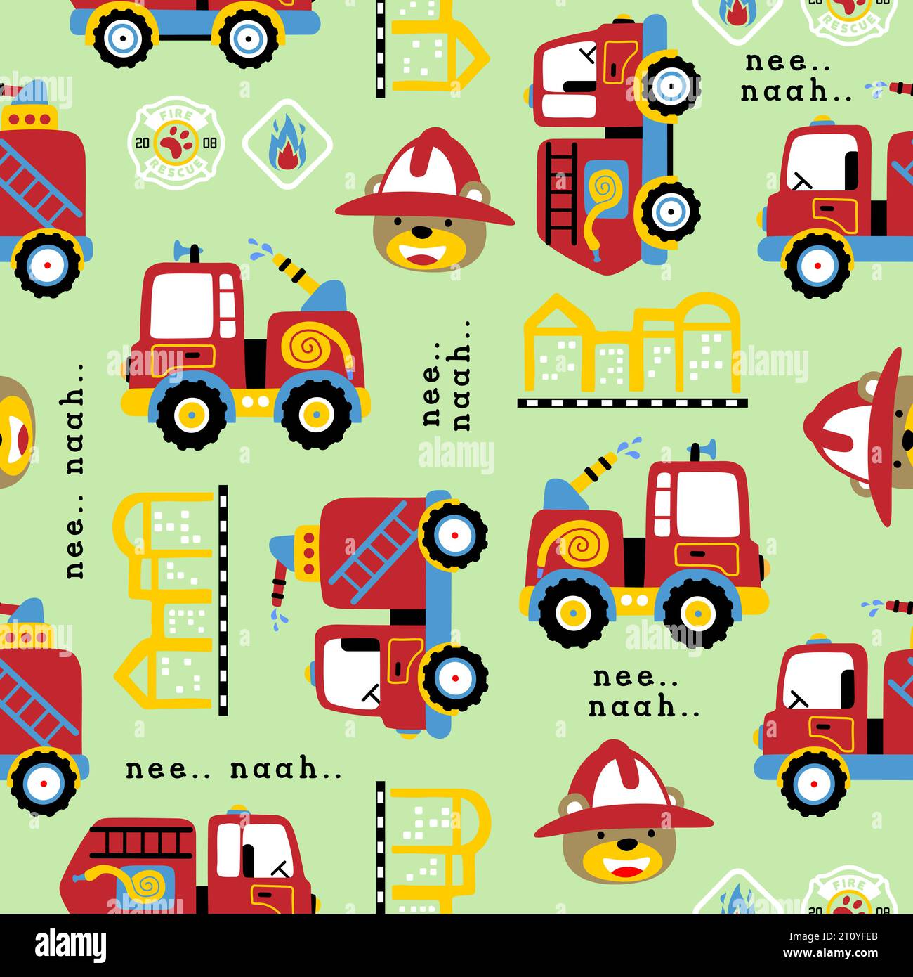 vecteur de modèle sans couture d'éléments de camion de pompiers avec dessin animé d'ours drôle portant casque de pompier Illustration de Vecteur