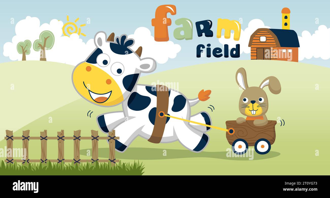 Vecteur de dessin animé d'animaux de ferme dans le champ de ferme, illustration d'éléments de ferme, vache tirant lapin avec chariot Illustration de Vecteur