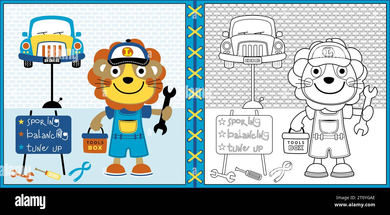 Illustration vectorielle de lion de bande dessinée dans le costume de mécanicien de voiture, des éléments d'atelier de réparation de voiture, livre de coloriage ou page Illustration de Vecteur