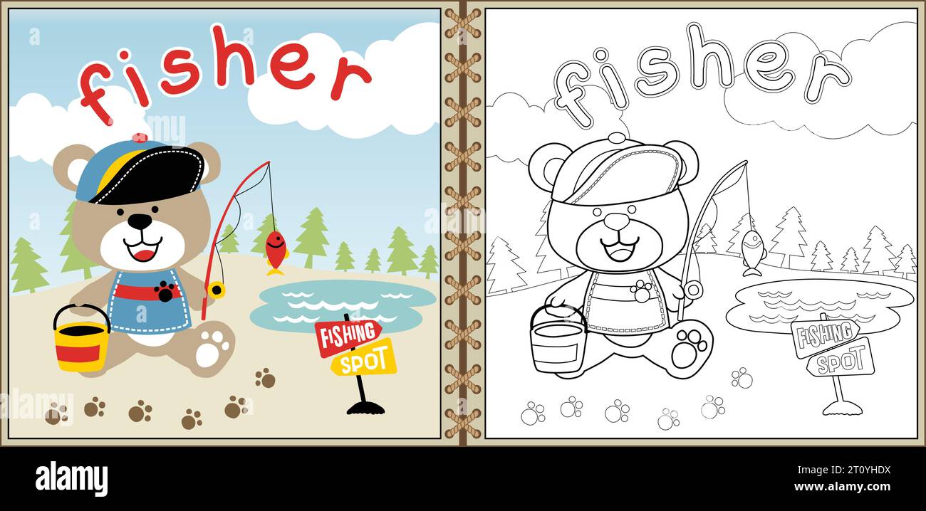 Vecteur de dessin animé de pêche d'ours mignon, coloriage ou livre; Illustration de Vecteur