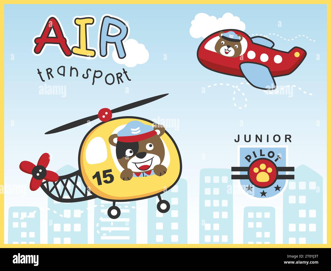 Vecteur de dessin animé de transports aériens avec des animaux drôles pilote sur le fond des bâtiments Illustration de Vecteur