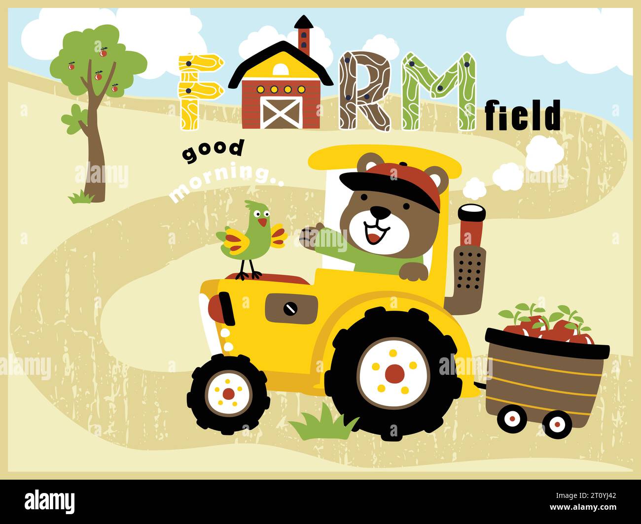 Vecteur de dessin animé d'ours mignon avec du poulet sur tracteur, illustration d'élément agricole Illustration de Vecteur