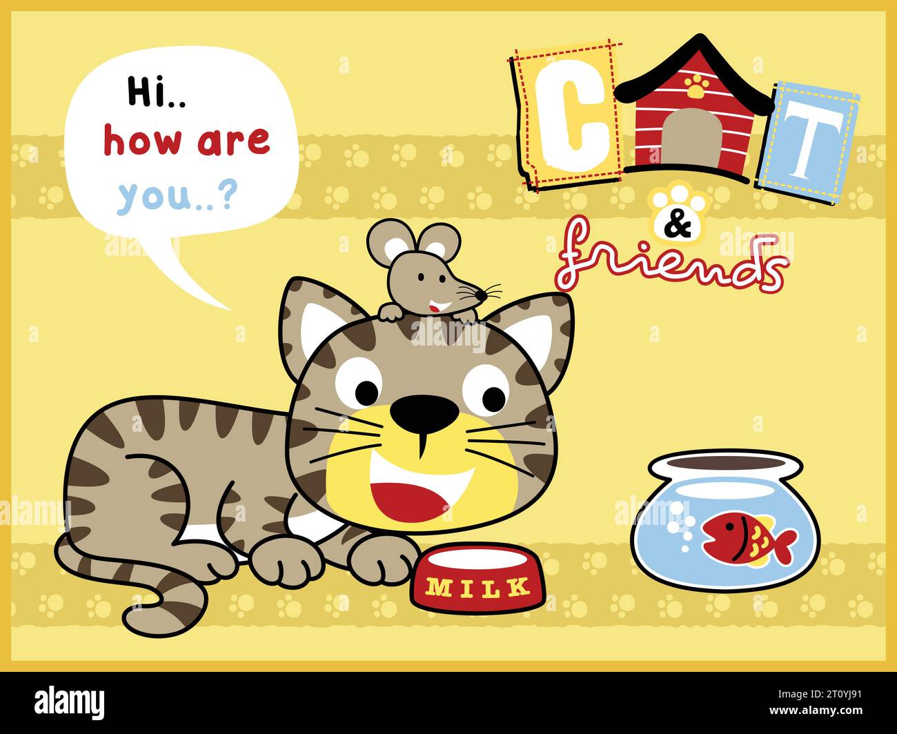 Vecteur de dessin animé de chat drôle et de souris avec des poissons dans le pot, illustration d'élément d'animaux de compagnie Illustration de Vecteur