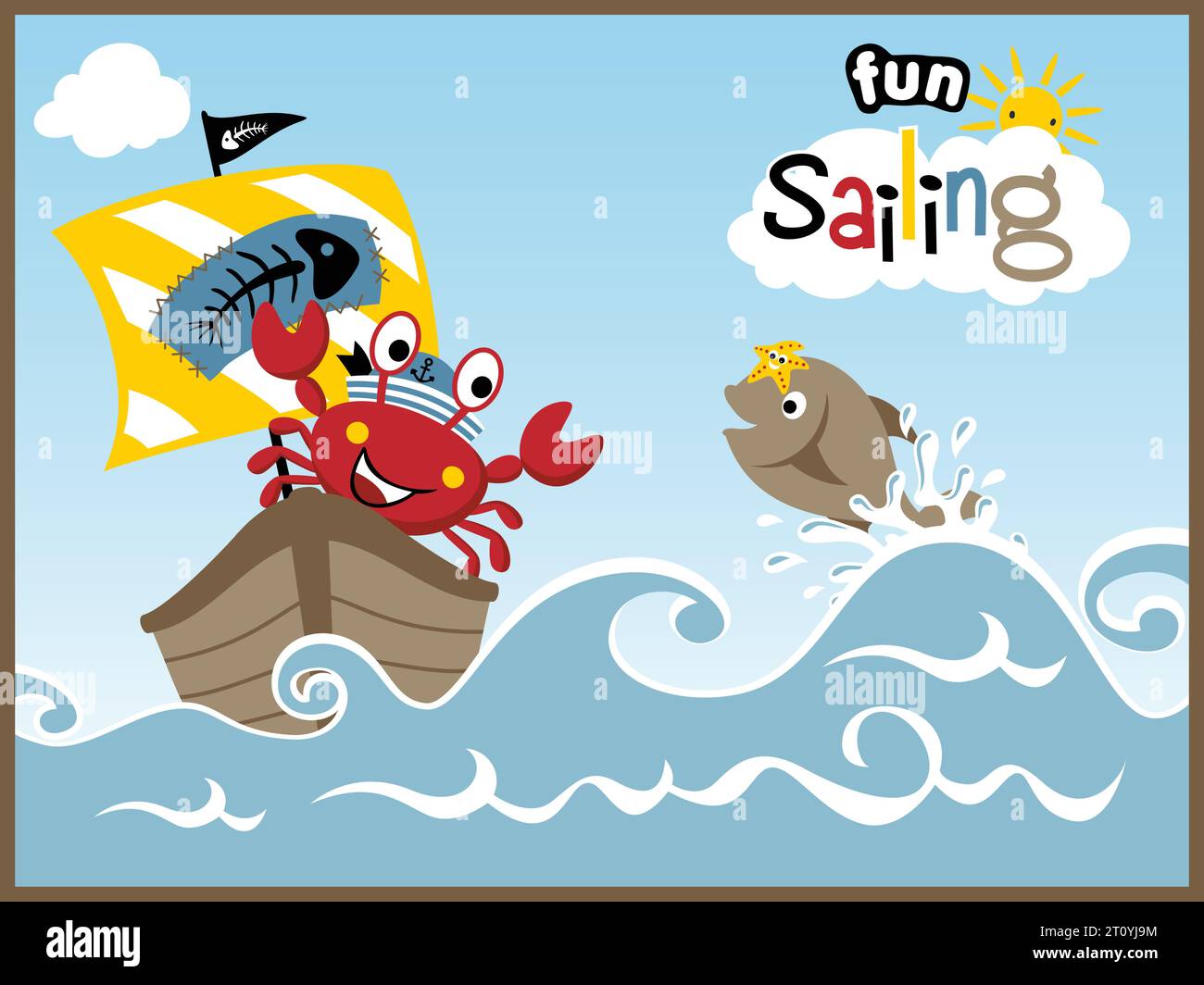 Vecteur de dessin animé de crabe sur voilier, animaux marins dans la mer. Crabe, poisson, étoile de mer. Illustration de Vecteur