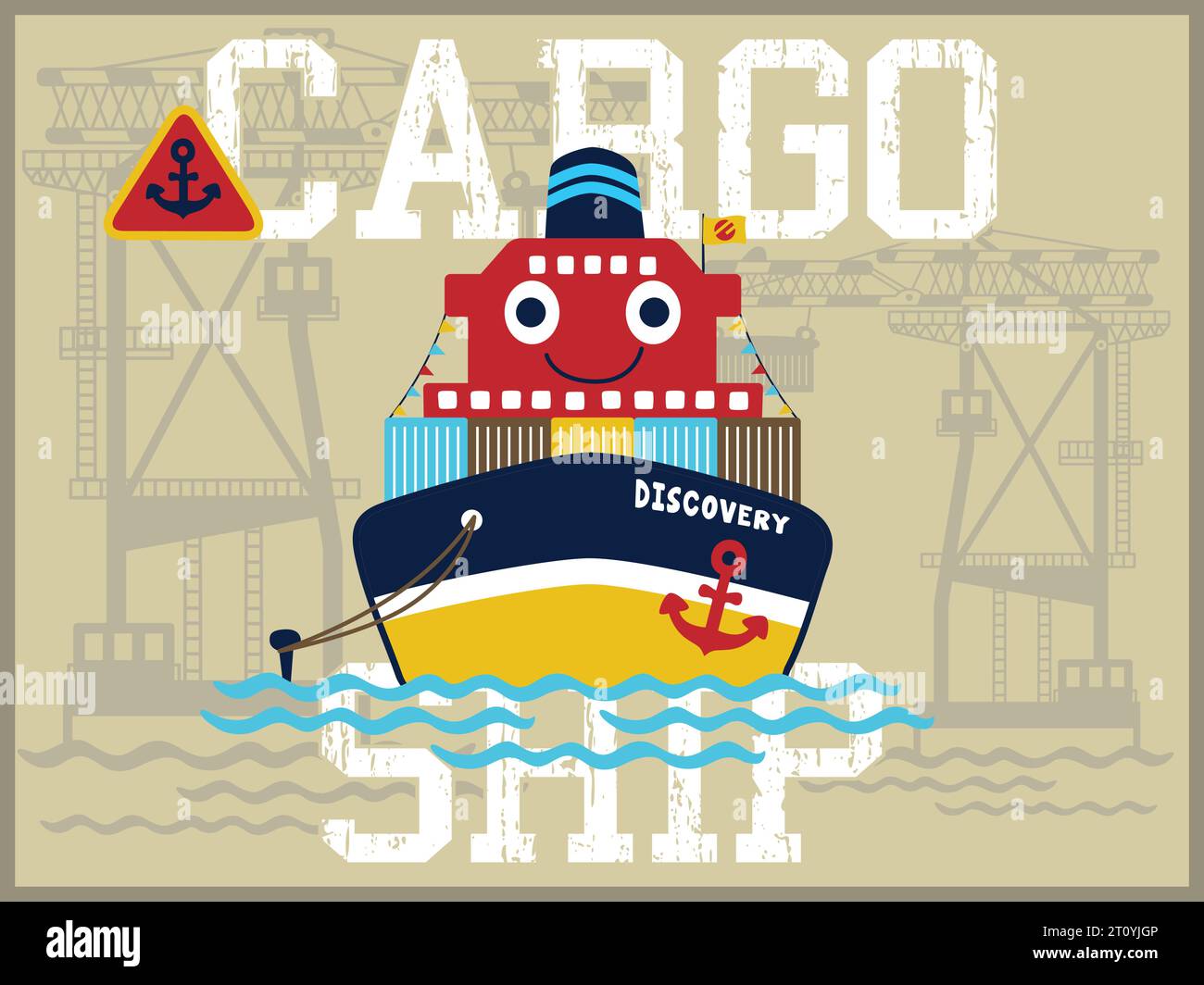 Vecteur drôle de dessin animé de navire de cargaison sur fond de grue Illustration de Vecteur