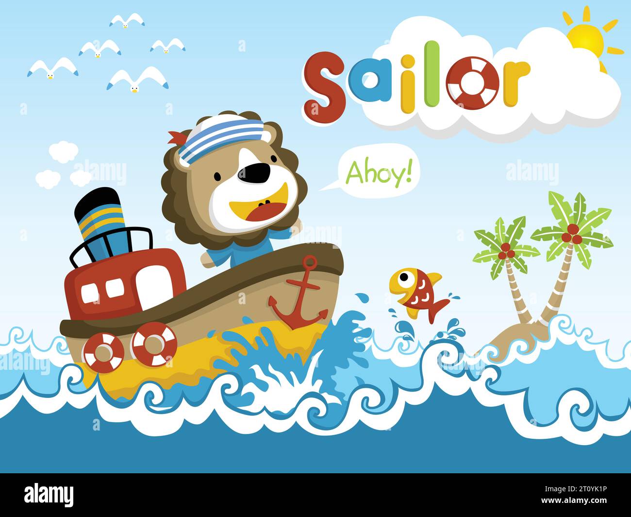 Vecteur de dessin animé de lion mignon sur le bateau, petite île dans la mer, saut de poisson drôle Illustration de Vecteur