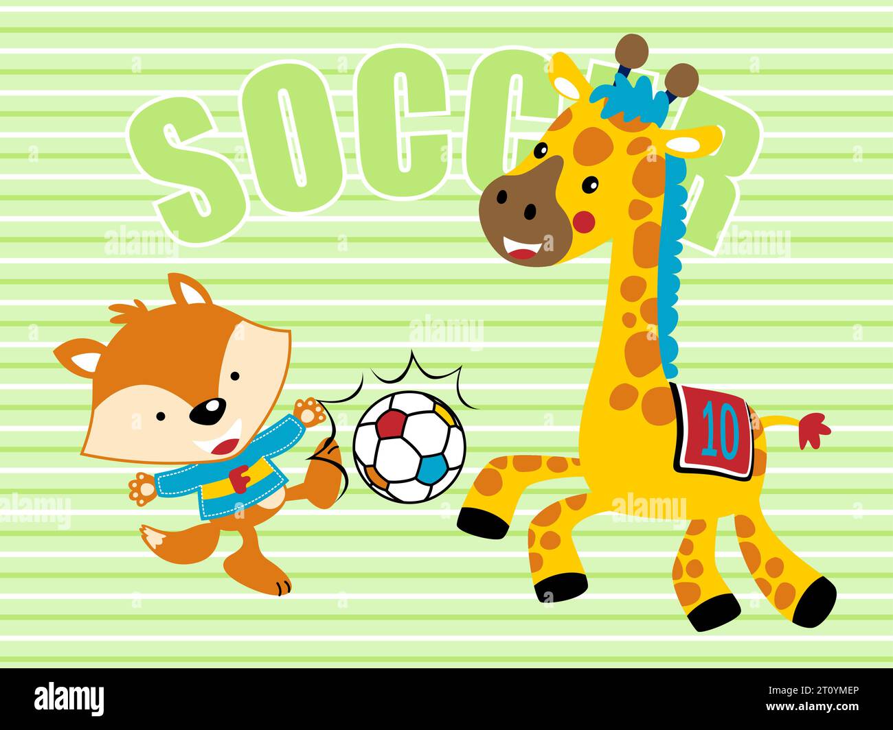 Drôle petit renard jouant au football avec girafe sur fond rayé Illustration de Vecteur