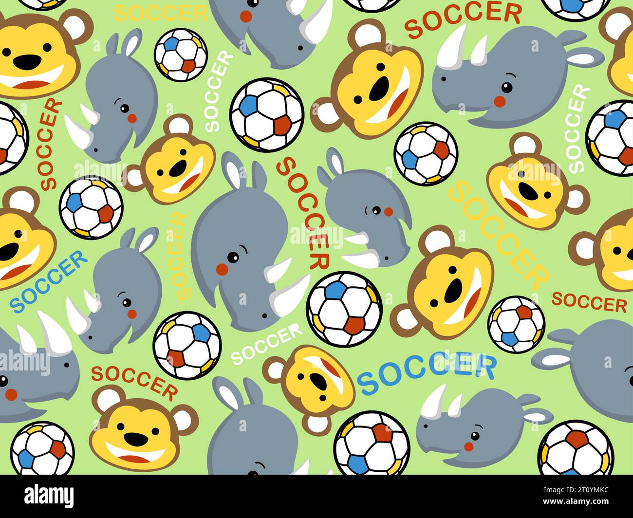 Vecteur de motif sans couture de visage de sourire de singe et de rhinocéros avec des ballons de football Illustration de Vecteur