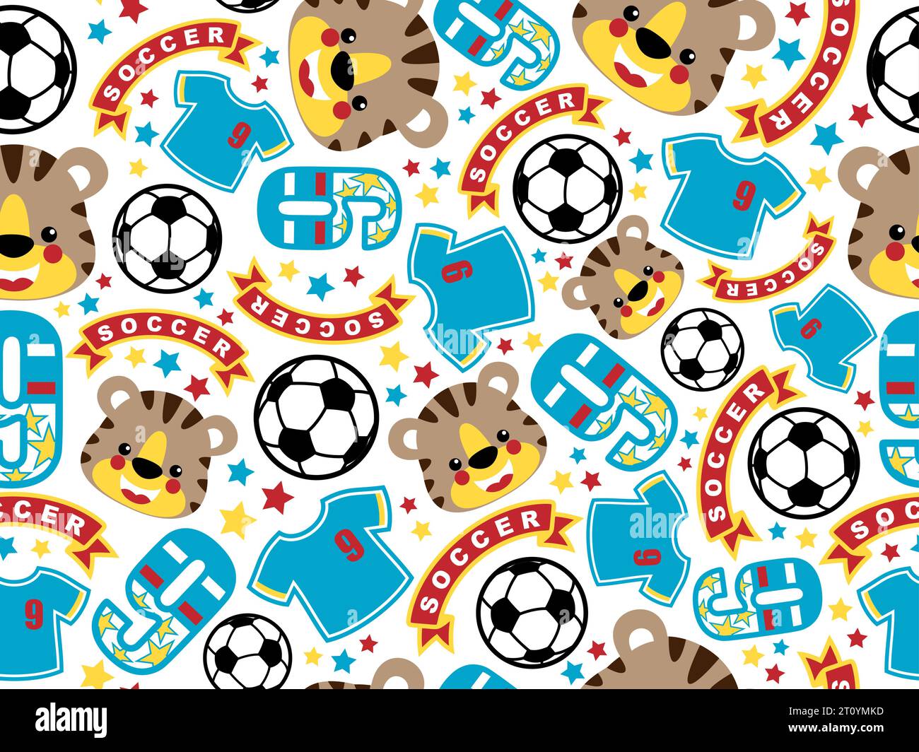 Vecteur de motif sans couture de visage drôle de sourire de tigre avec des éléments de football Illustration de Vecteur