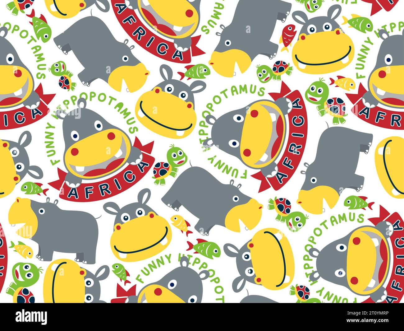 Vecteur de motif sans couture de dessin animé hippopotame, tortue et poisson Illustration de Vecteur