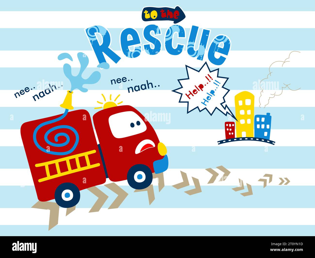 Dessin animé drôle de camion de pompiers en service sur fond rayé Illustration de Vecteur