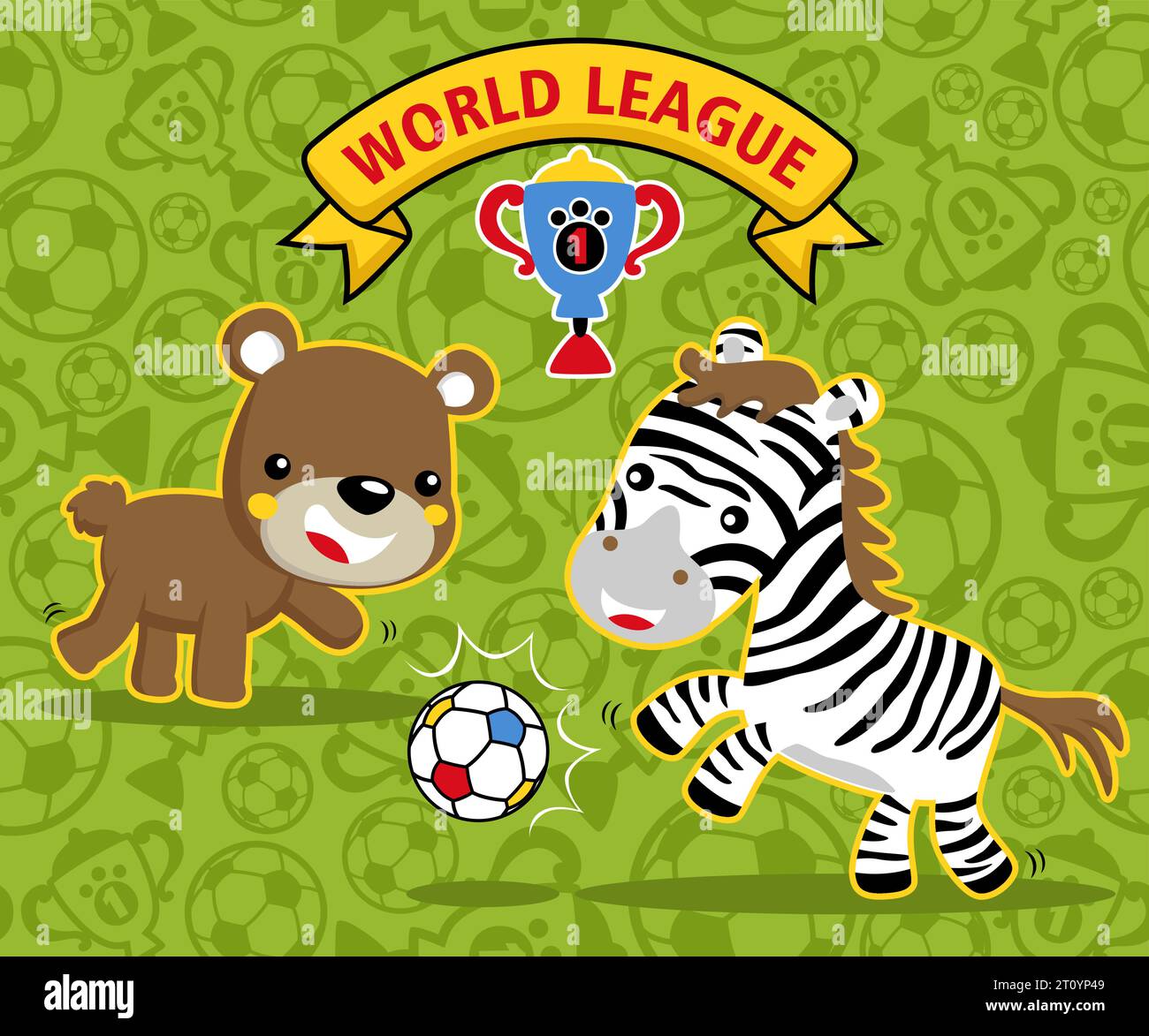 Ours avec zèbre jouant au football sur un motif sans couture de ballon de football et de fond de trophée. Illustration de dessin animé vectoriel Illustration de Vecteur