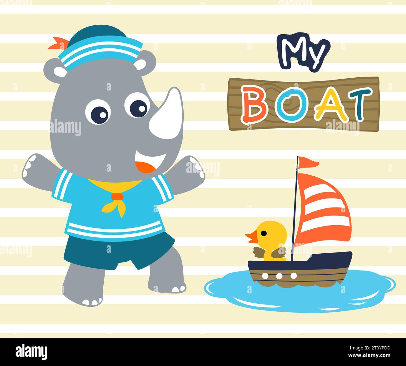 Petit dessin animé rhinocéros en costume de marin avec canard sur jouet de voilier Illustration de Vecteur