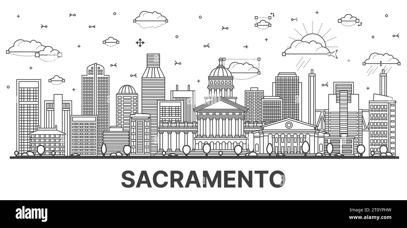Esquissez les gratte-ciel de Sacramento en Californie avec des bâtiments modernes et historiques isolés sur du blanc. Illustration vectorielle. Paysage urbain de Sacramento USA. Illustration de Vecteur
