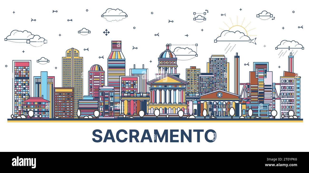 Esquissez les gratte-ciel de la ville de Californie de Sacramento avec des bâtiments modernes et historiques colorés isolés sur blanc. Illustration vectorielle. Paysage urbain de Sacramento USA Illustration de Vecteur