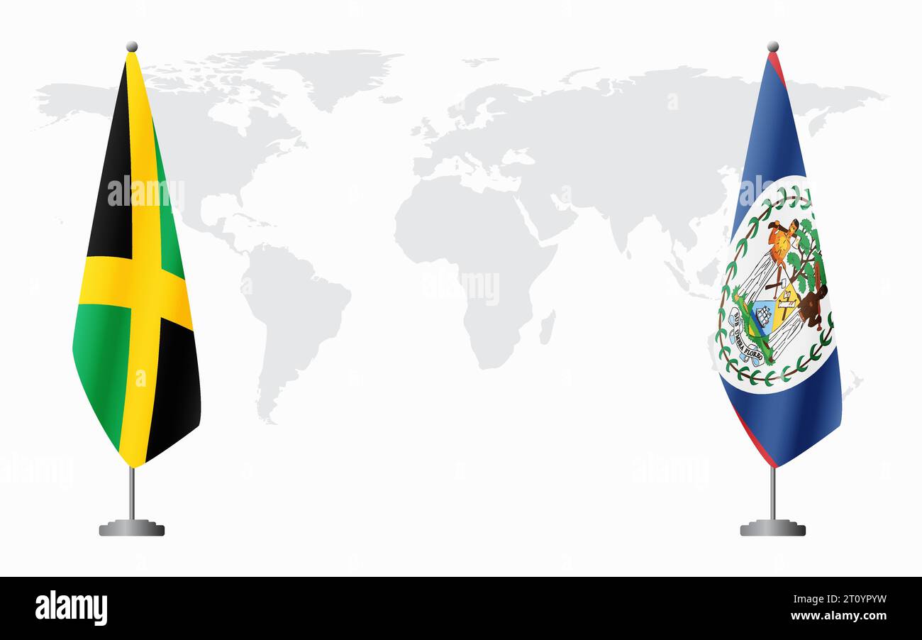Drapeaux de la Jamaïque et du Belize pour la réunion officielle sur fond de carte du monde. Illustration de Vecteur