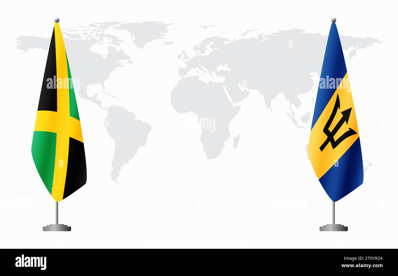 Drapeaux de la Jamaïque et de la Barbade pour la réunion officielle sur fond de carte du monde. Illustration de Vecteur
