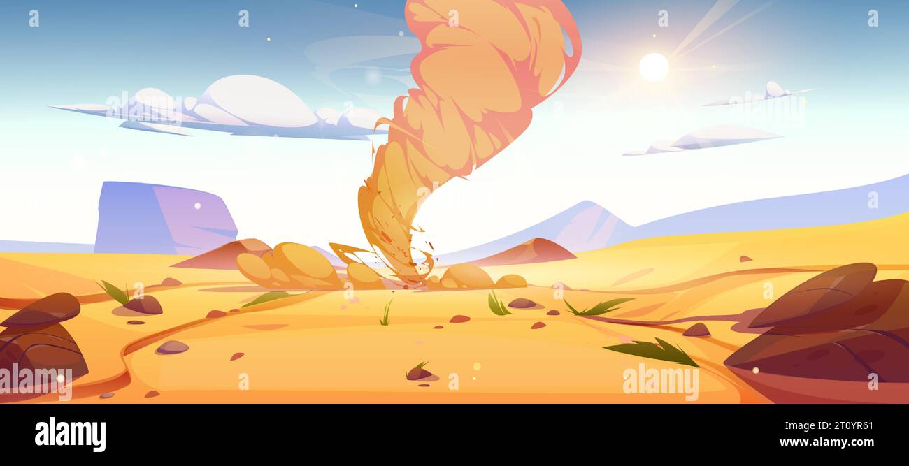 Tornade ouragan Twister avec sable tourbillonnant dans le désert. Illustration vectorielle de dessin animé paysage de sable naturel avec tourbillon de tempête. Catastrophe de tempête de vent destructeur avec vent et tourbillon tourbillon dans la dune. Illustration de Vecteur