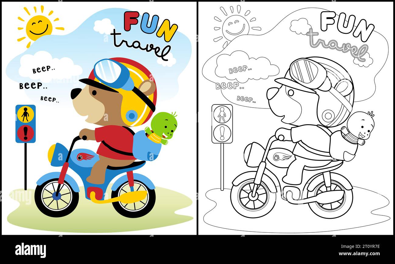 Livre de coloriage de mignon ours en costume de motard avec tortue sur moto Illustration de Vecteur