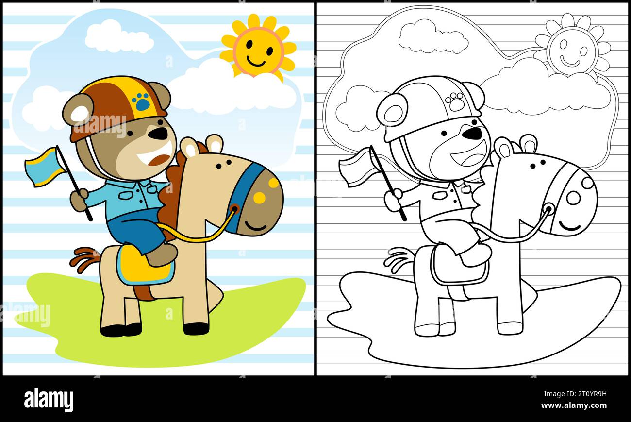 Livre de coloriage de cheval d'équitation d'ours drôle Illustration de Vecteur