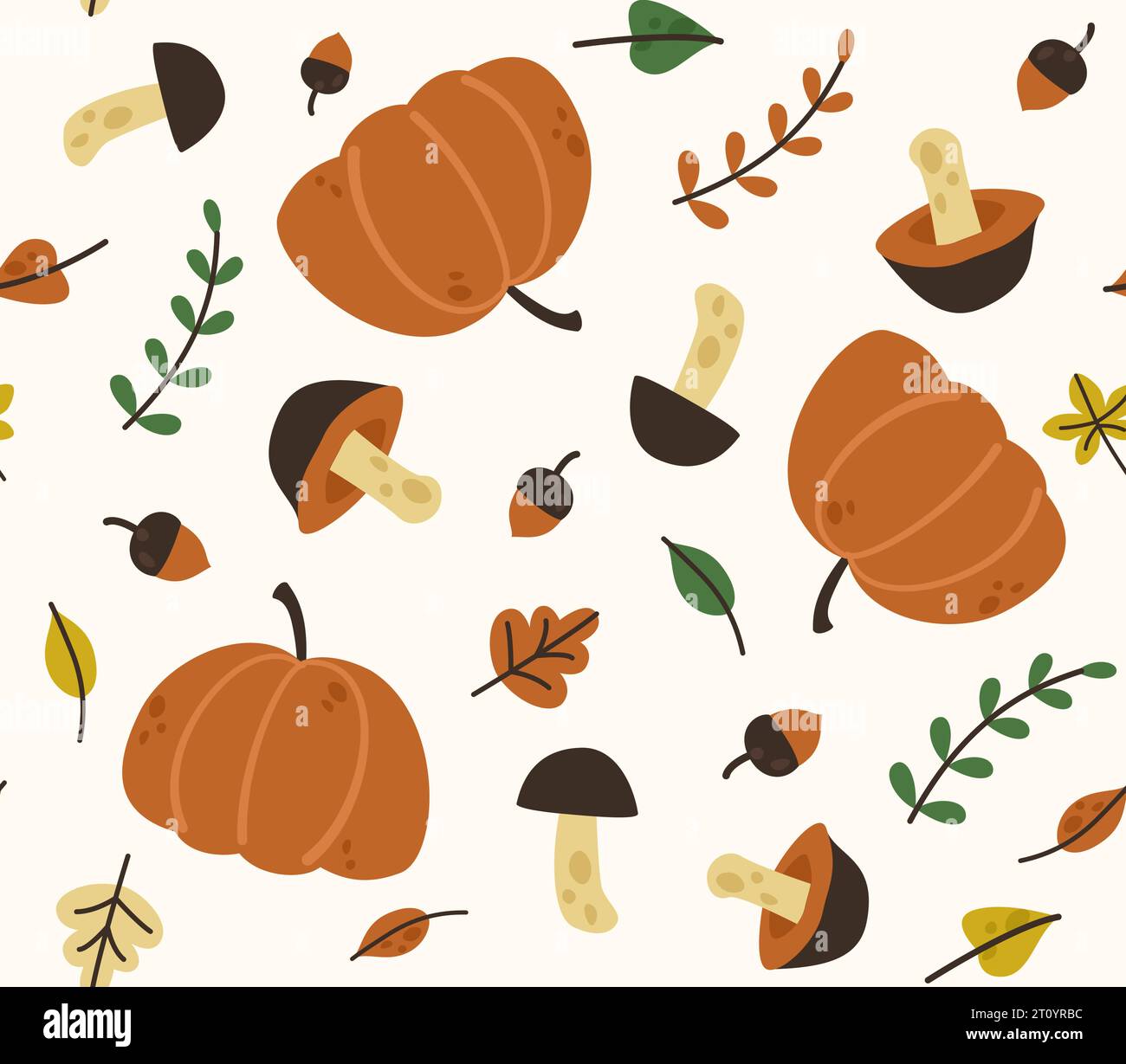 Modèle d'automne vectoriel sans couture : citrouille, glands, champignons forestiers et feuilles d'automne. Éléments pour la conception Illustration de Vecteur