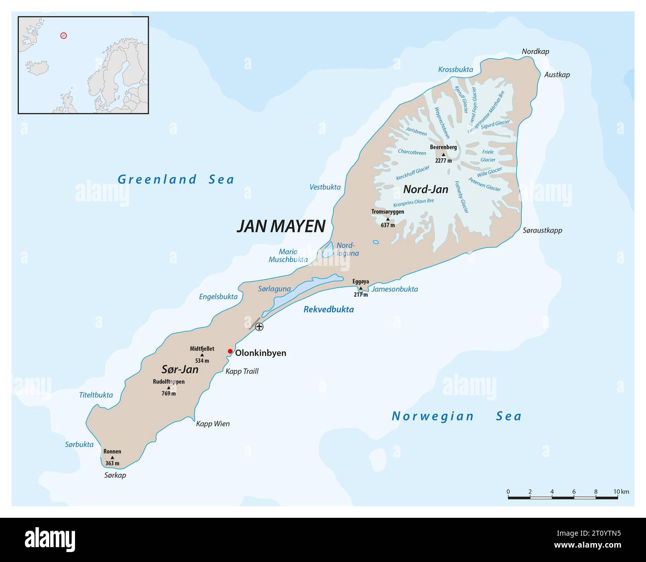 Carte vectorielle de l'île norvégienne de Jan Mayen Banque D'Images