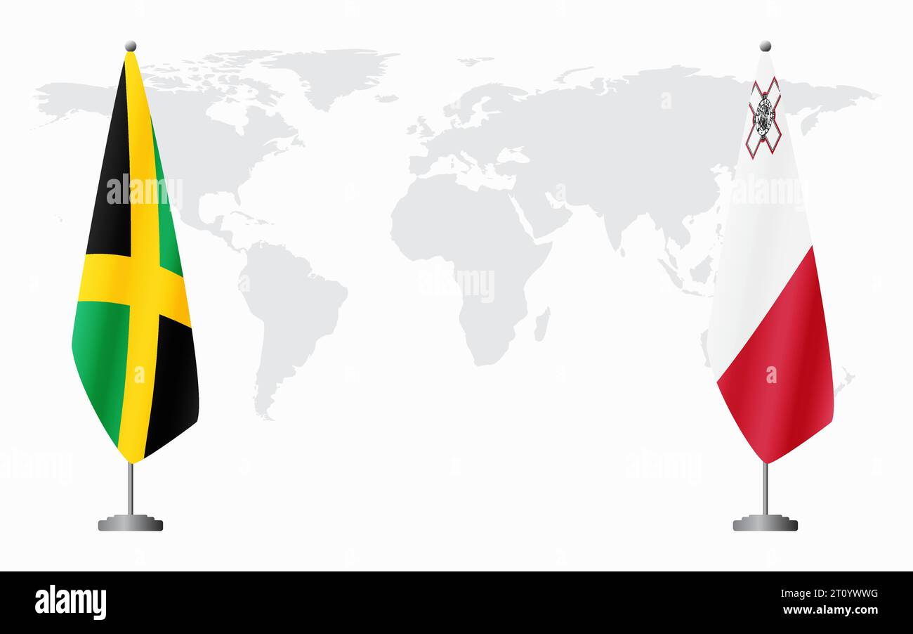 Drapeaux de la Jamaïque et de Malte pour la réunion officielle sur fond de carte du monde. Illustration de Vecteur