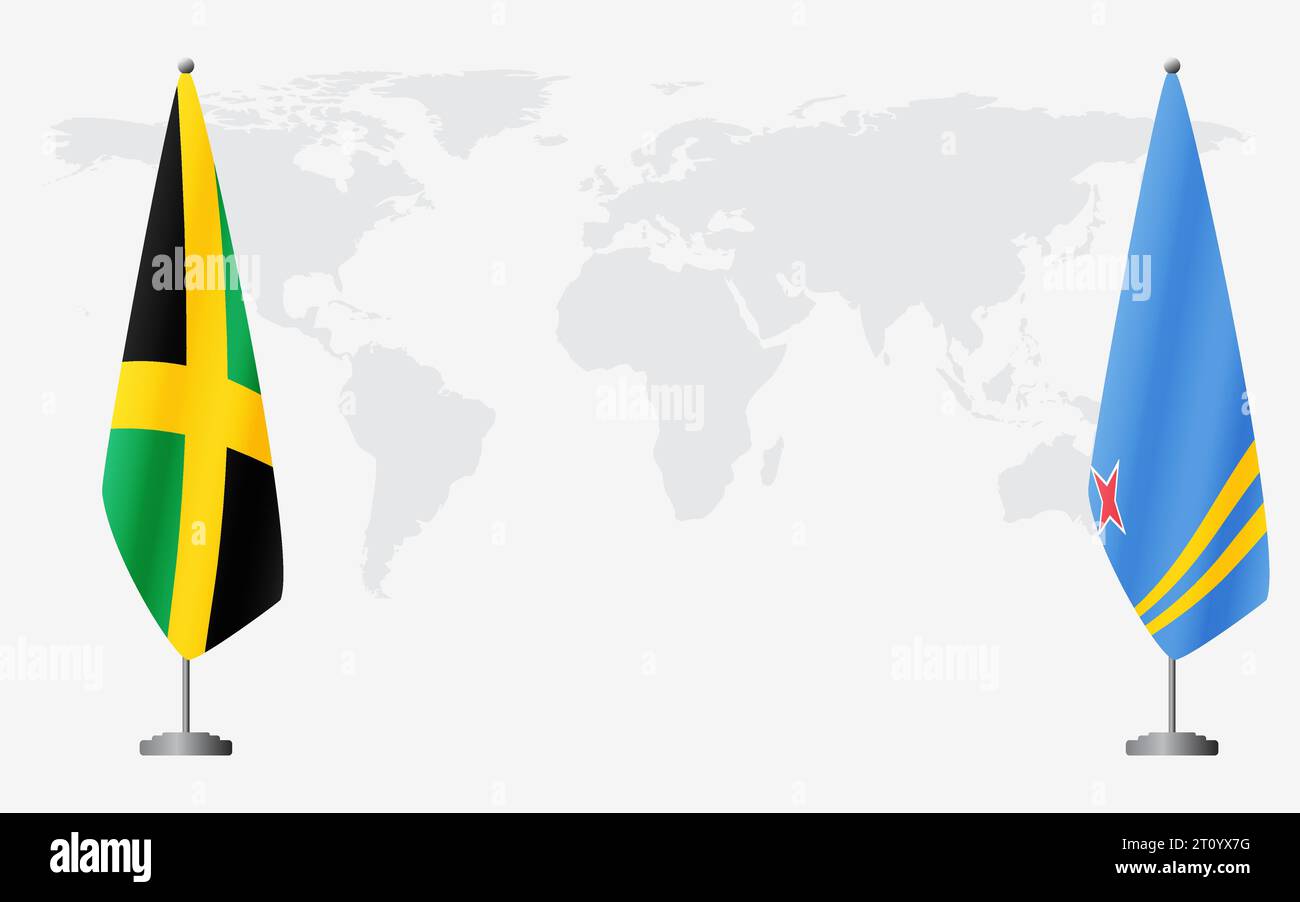 Jamaïque et Aruba drapeaux pour réunion officielle sur fond de carte du monde. Illustration de Vecteur