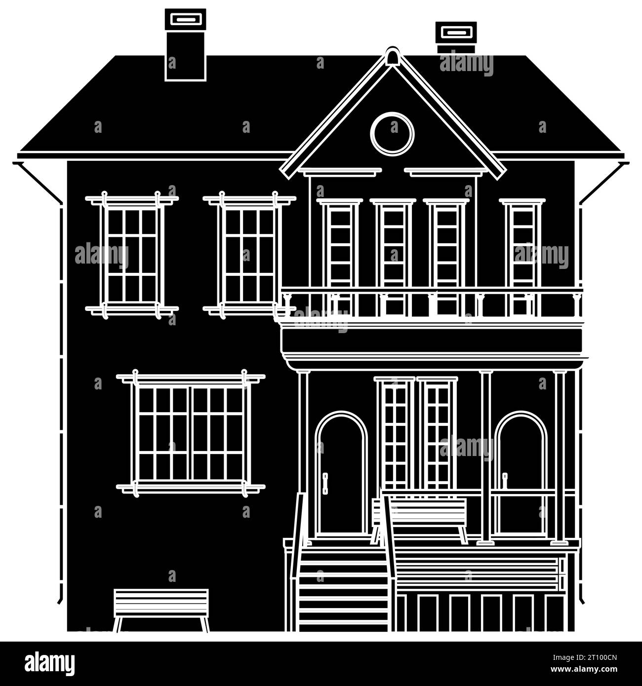 Silhouette noire de maison à deux étages avec porche et bancs isolés sur fond blanc. Clipart vectoriel. Illustration de Vecteur