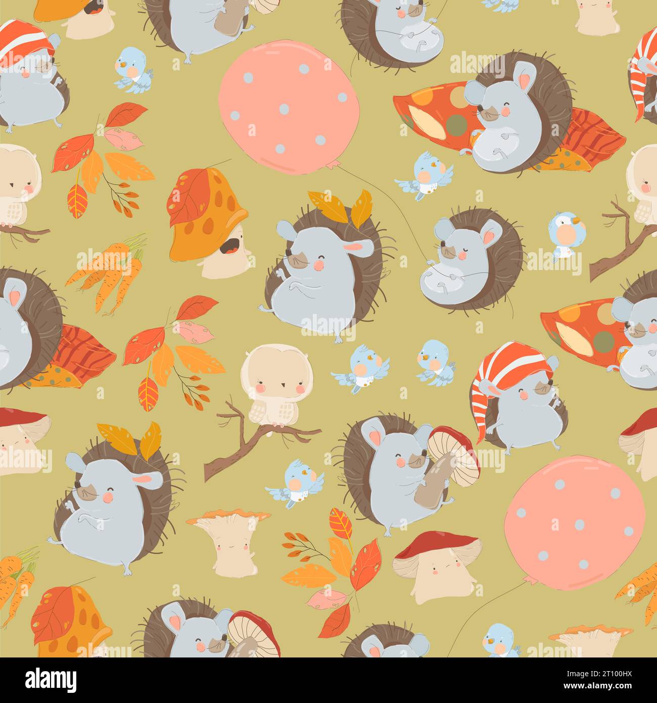 Motif sans couture avec de jolis hérissons, des champignons et des feuilles automnales colorées Illustration de Vecteur