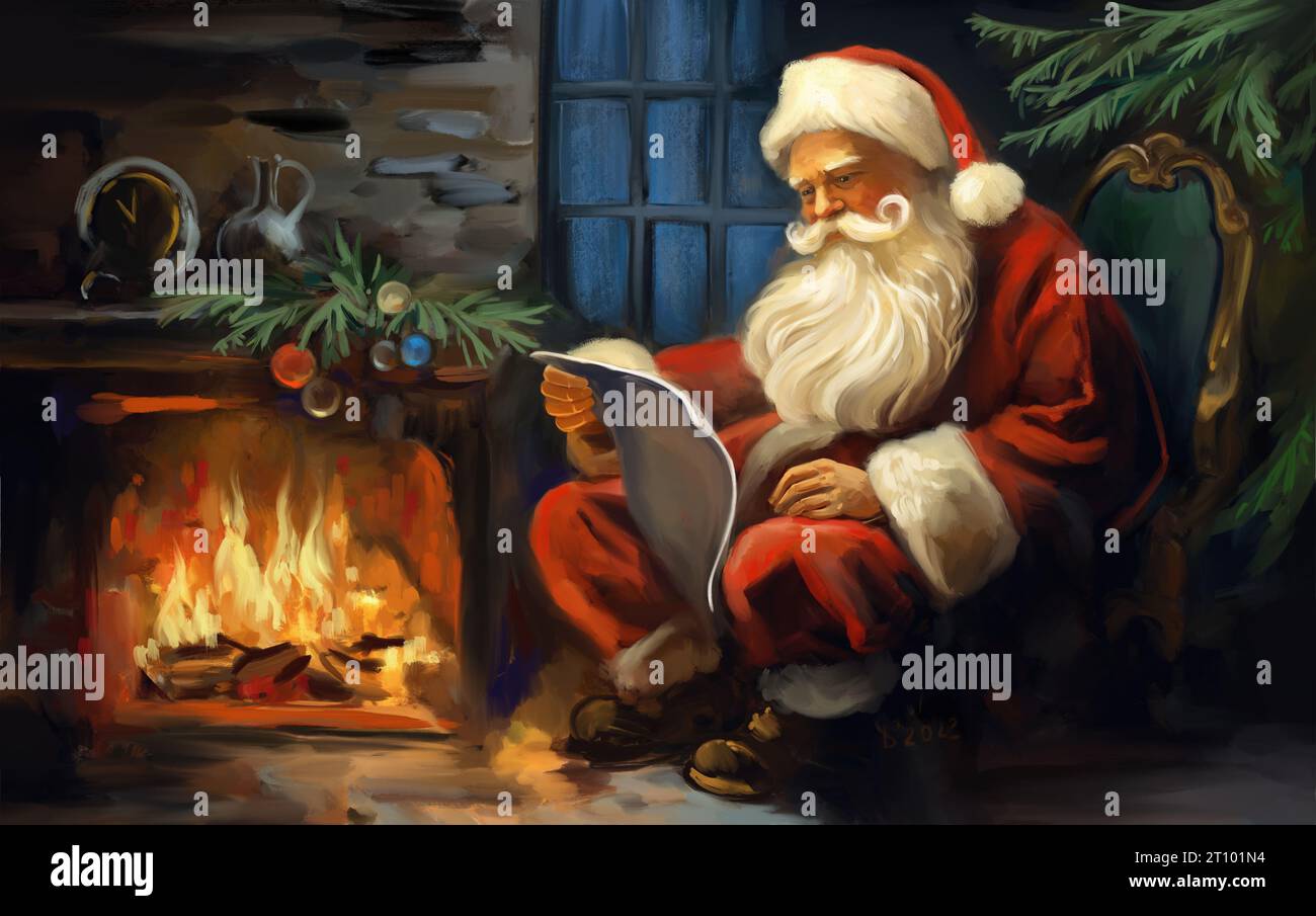Le Père Noël est assis dans un fauteuil et lit une lettre près de la cheminée, carte de voeux de Noël, illustration d'art peinte. Banque D'Images
