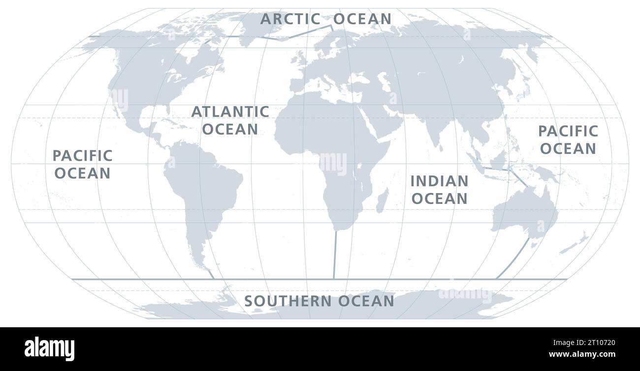 Les cinq océans du monde, carte grise. Modèle de divisions océaniques avec limites approximatives. Pacifique, Atlantique, Indien, Arctique et Sud. Banque D'Images