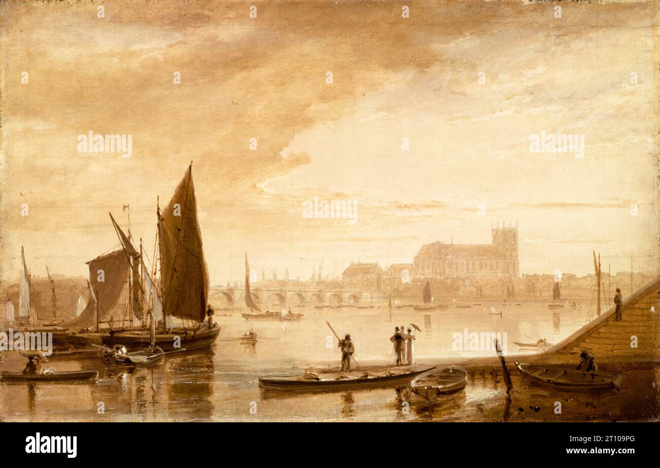 Westminster Bridge and Abbey, peinture de paysage à l'huile à bord par William Daniell, 1813 Banque D'Images