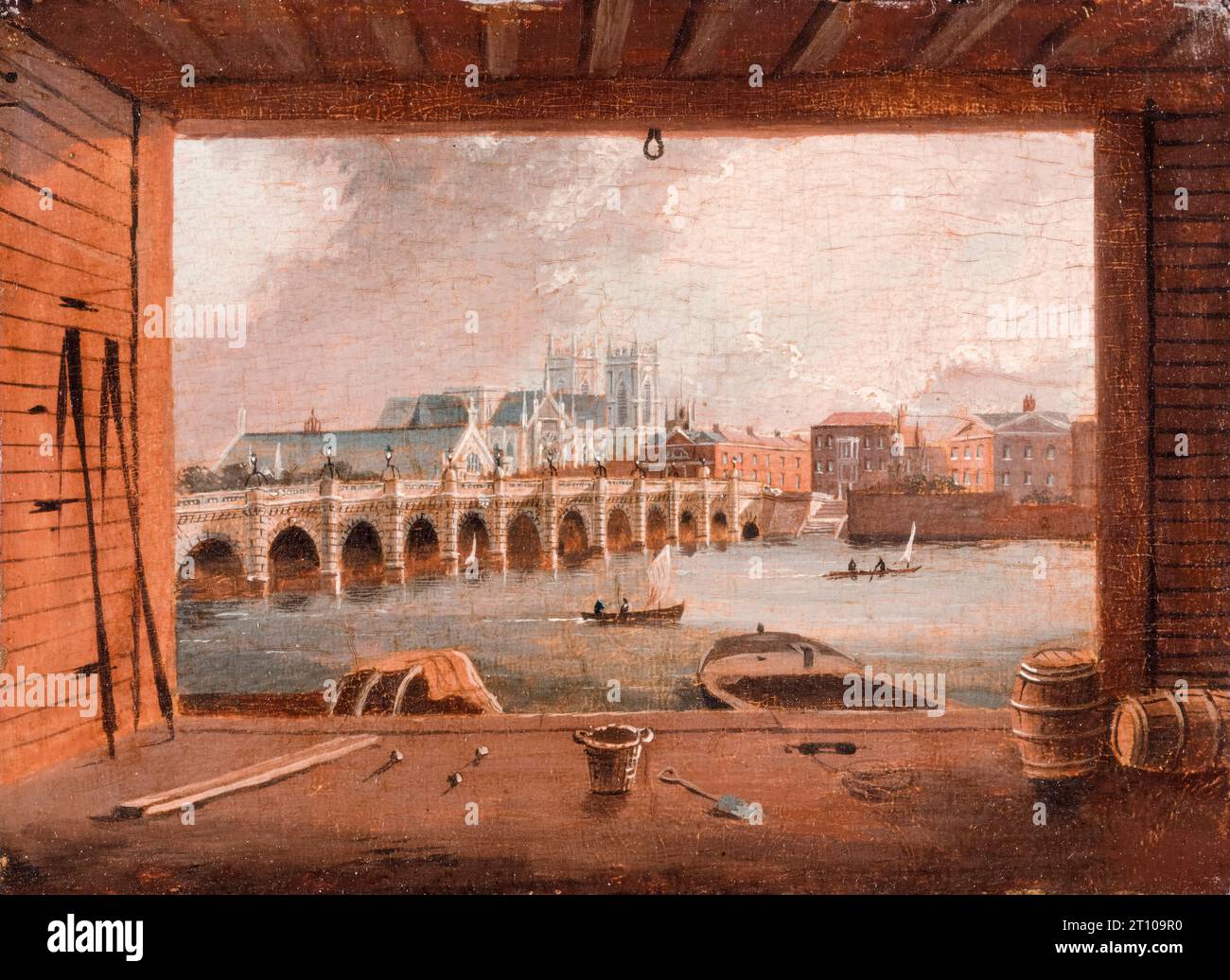 Vue du pont de Westminster, peinture de paysage à l'huile sur panneau par Daniel Turner, 1800-1805 Banque D'Images