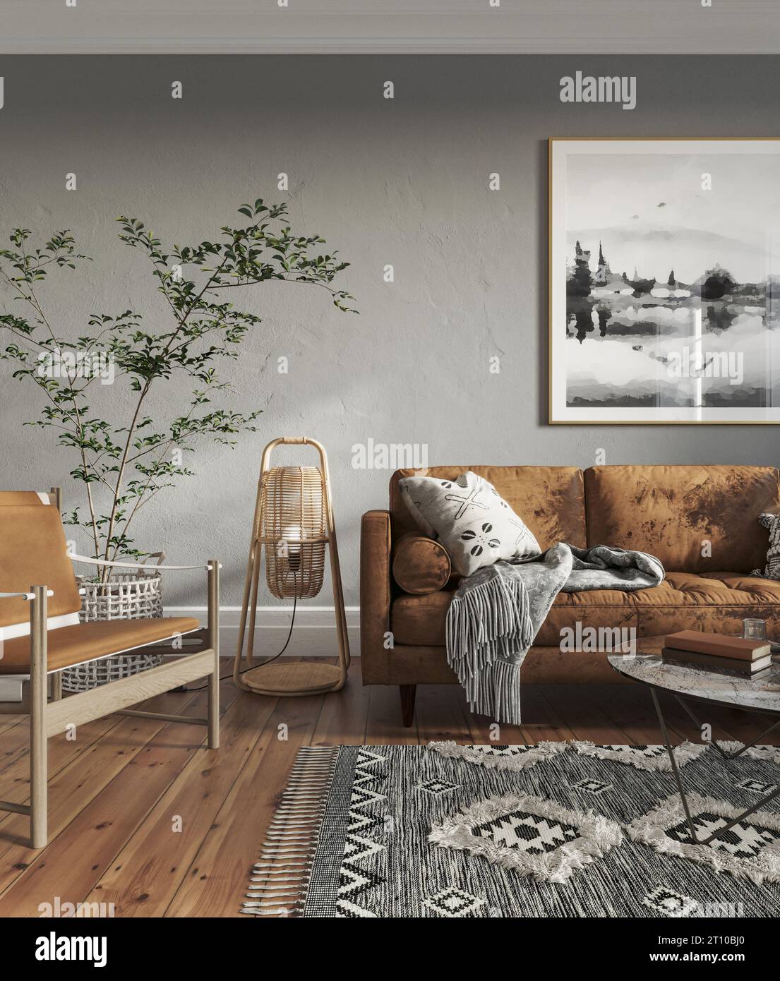 Intérieur sombre de salon, mur gris, plancher de bois franc, meubles confortables, canapé, fauteuil. Concept de maquette, rendu 3D. Banque D'Images