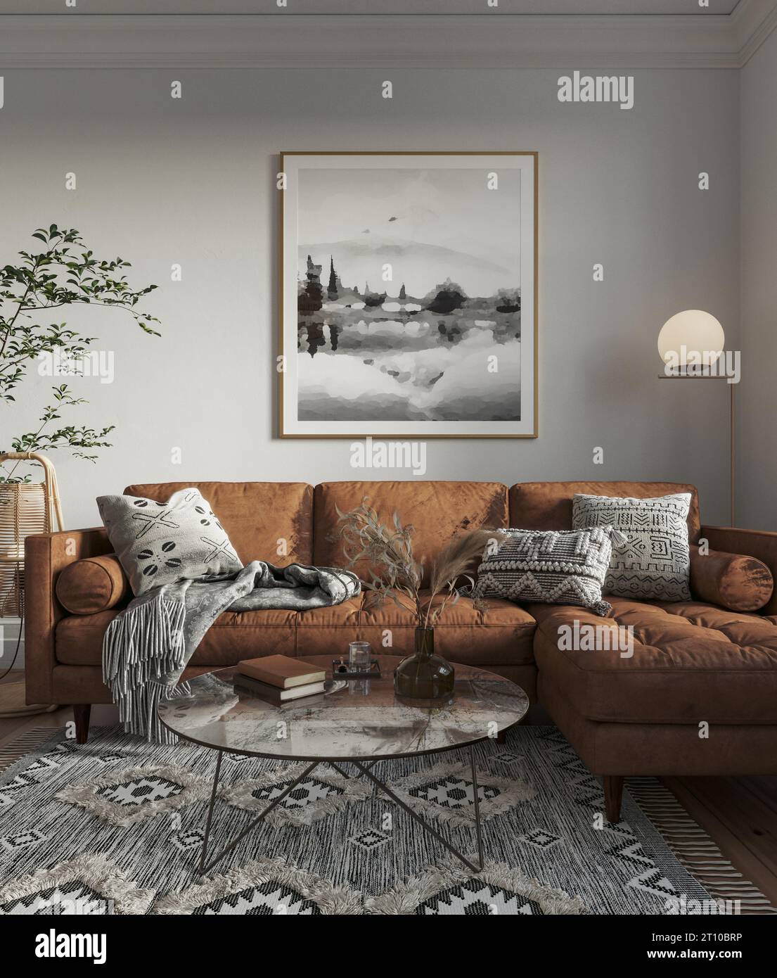 Intérieur sombre de salon, mur gris, plancher de bois franc, meubles confortables, canapé, fauteuil. Concept de maquette, rendu 3D. Banque D'Images