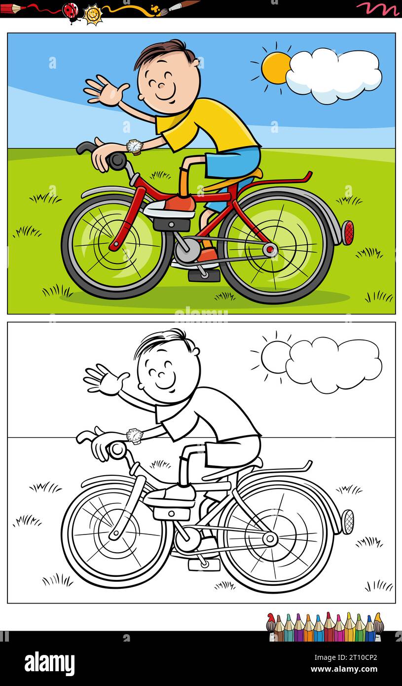 Illustrations de dessin animé de garçon adolescent drôle chevauchant une page de coloriage de vélo Illustration de Vecteur