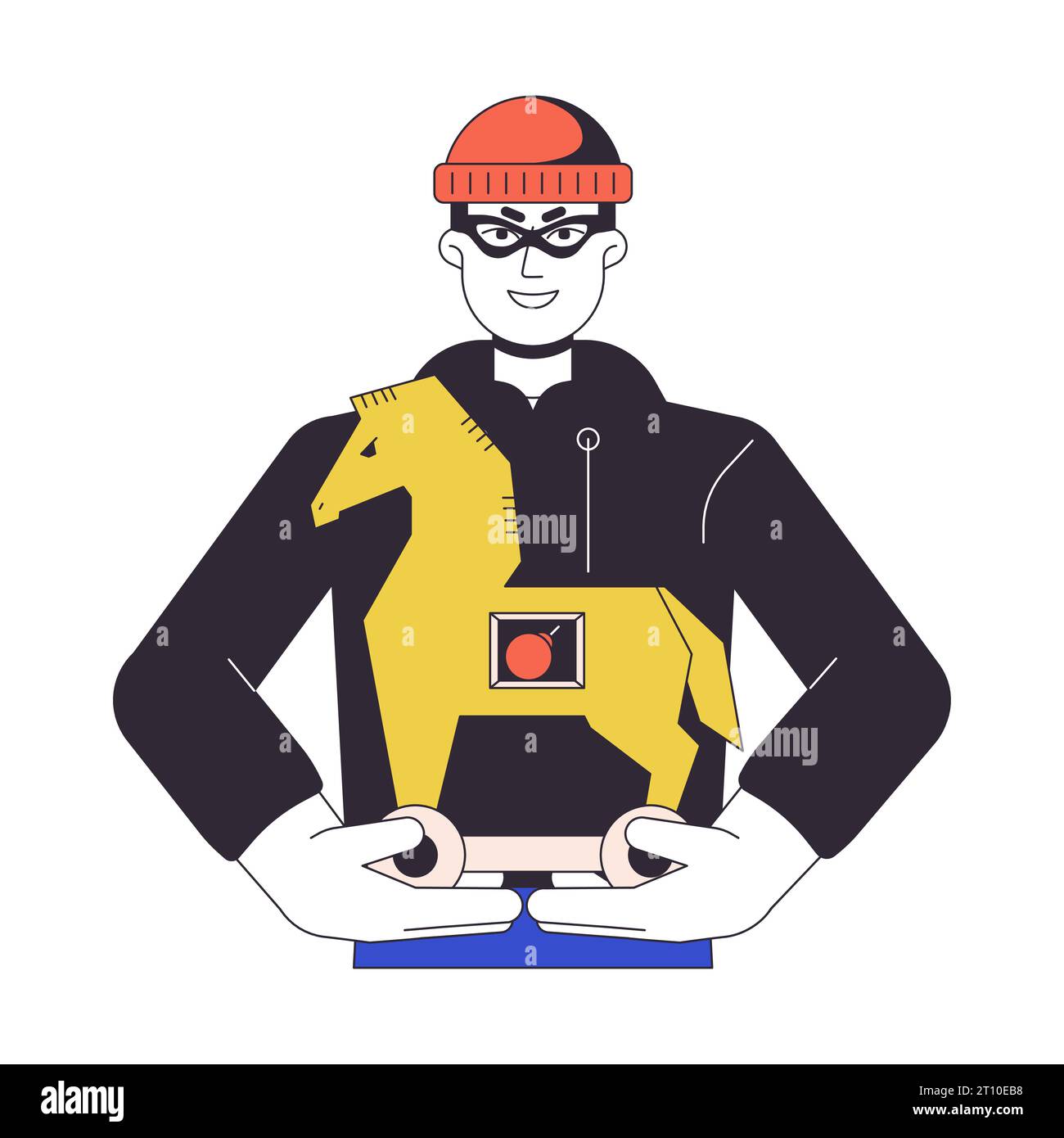 Homme tenant le cheval de troie caractère de vecteur de couleur de ligne plate Illustration de Vecteur