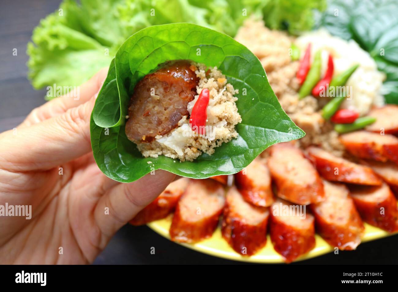 Main tenant une bouchée de Sai Krok-Planaem, saucisses de porc grillées thaïlandaises avec poisson râpé et salade de porc enveloppées dans une feuille de bétel sauvage fraîche Banque D'Images