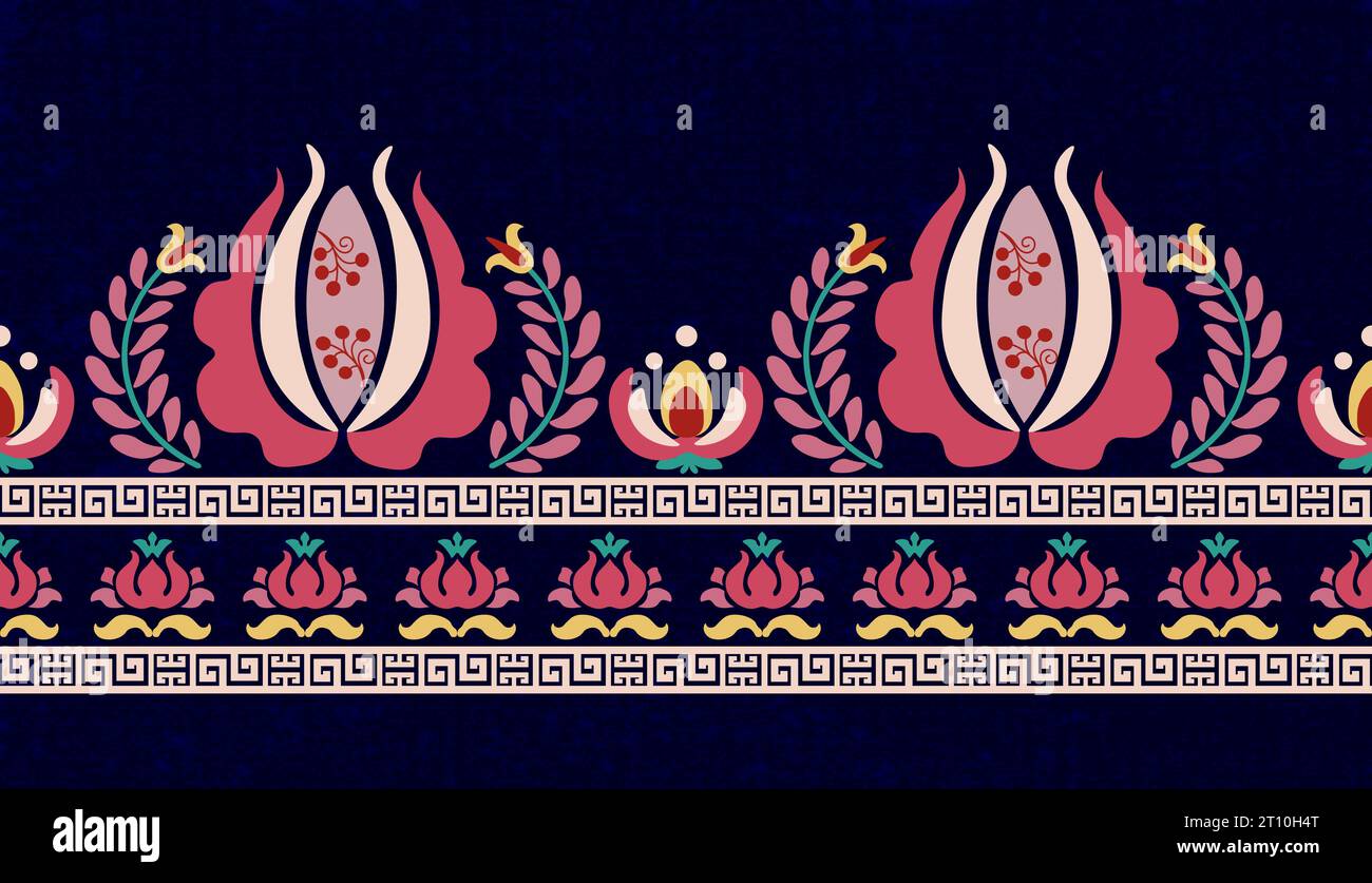 Motif de tissu d'art folklorique hongrois floral coloré sur le fond bleu foncé. Illustration de Vecteur