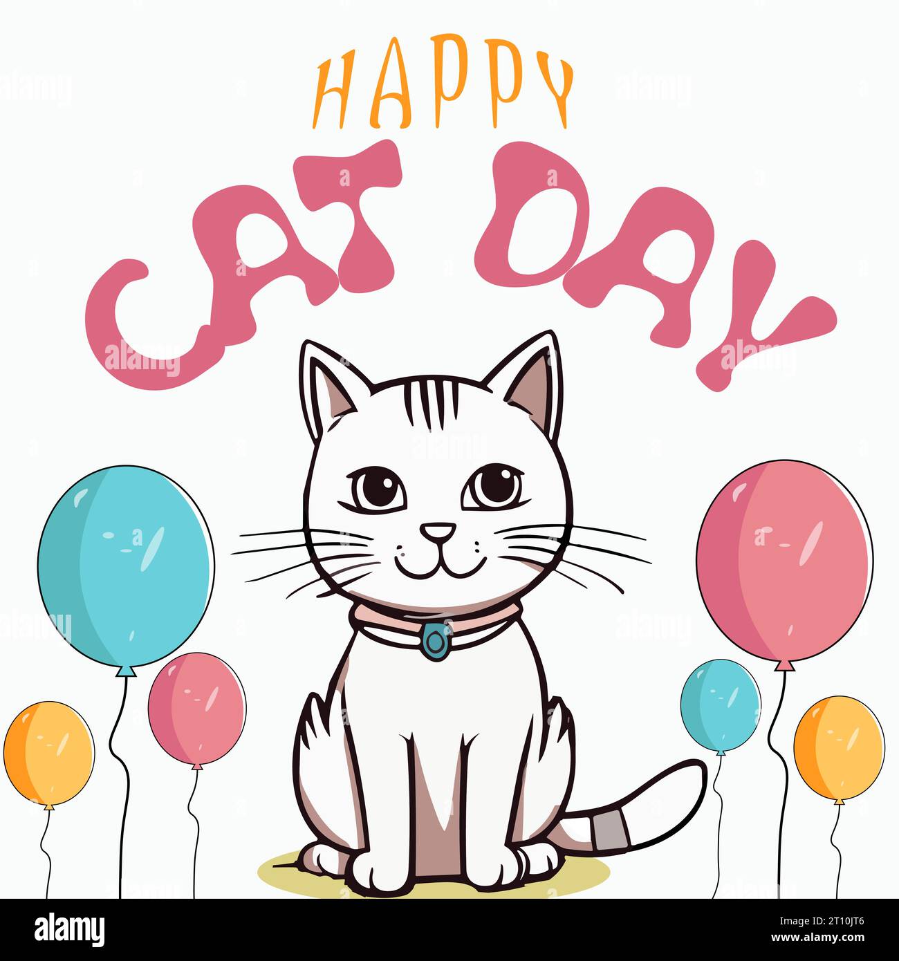 Bannière de la Journée nationale du chat un dessin animé blanc mignon Cat sitting, ballons. Heureux animaux amitié entre les humains et les chats. Animaux domestiques et animaux de compagnie Illustration de Vecteur